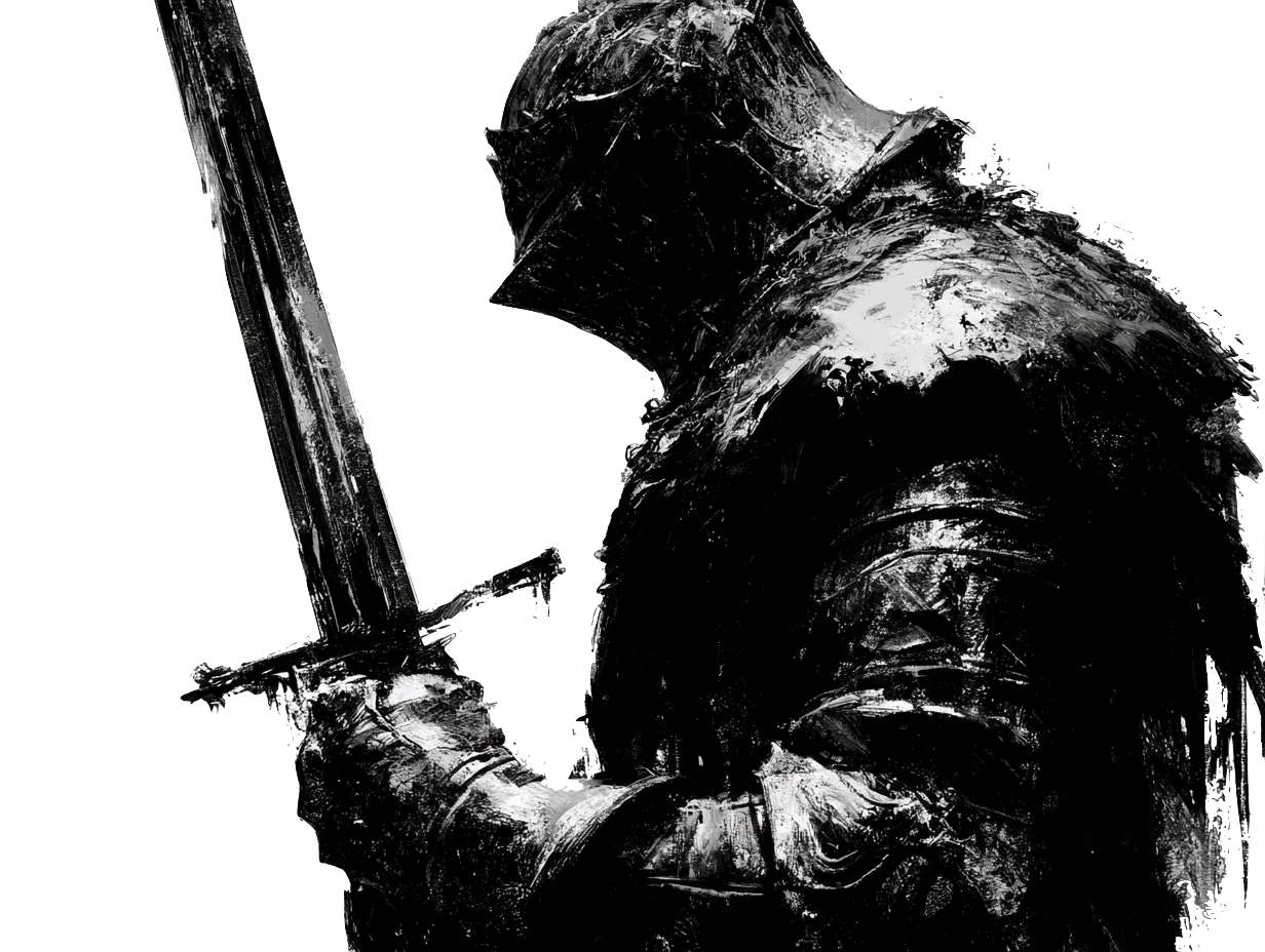 Ink portrait of a knight resting on a sword
